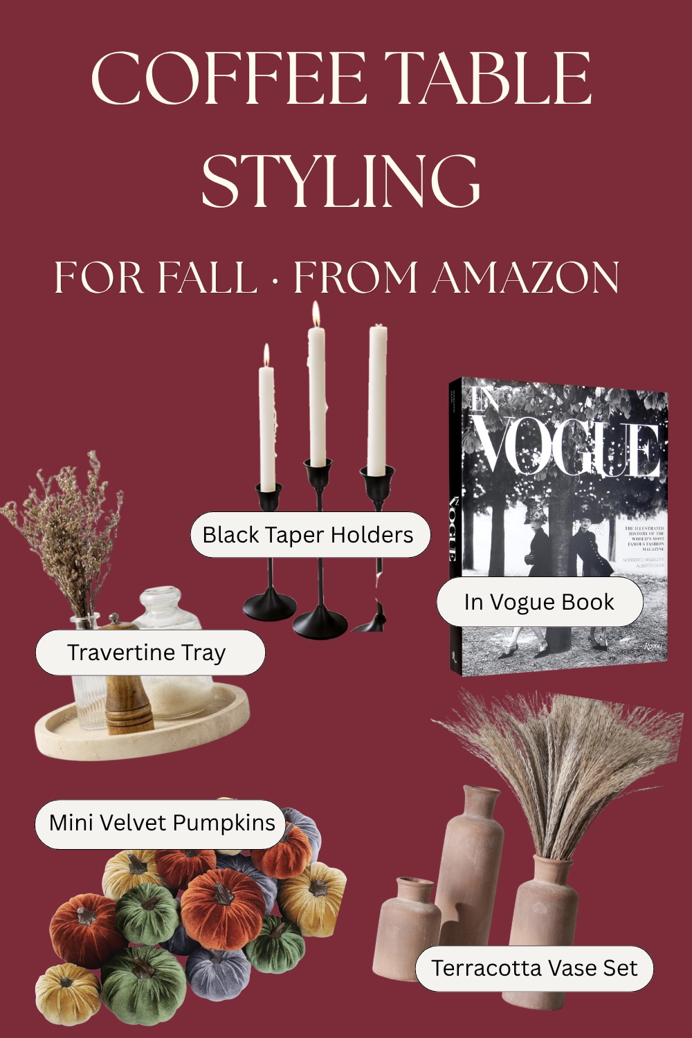 Coffee table styling collage — travertine tray, black taper holders, In Vogue book, mini velvet pumpkins, and terracotta vases