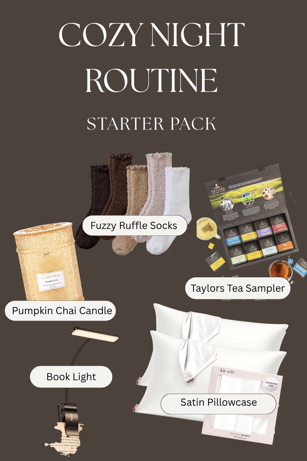 Cozy fall night routine collage — pumpkin chai candle, fuzzy ruffle socks, Taylors tea sampler, book light, and satin pillowcase