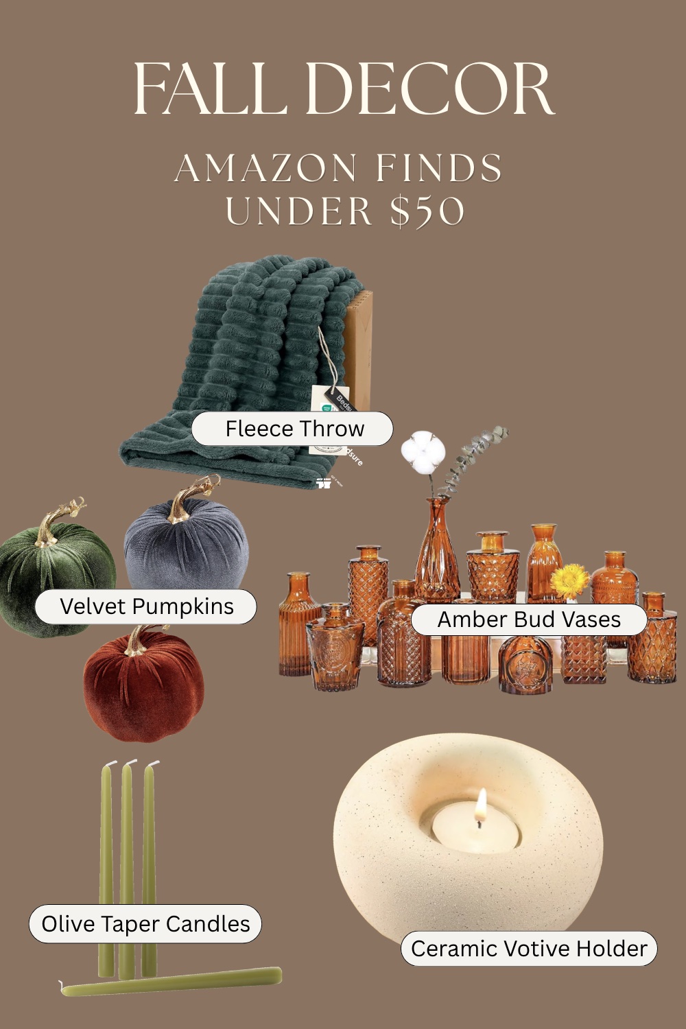 Fall decor collage with velvet pumpkins, green throw blanket, amber vases, and taper candles