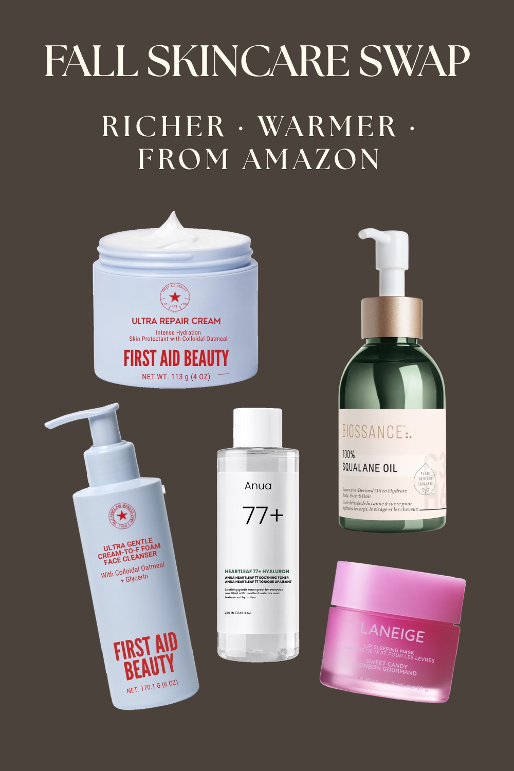 Fall skincare swap collage — First Aid Beauty Ultra Repair Cream and cleanser, Anua Heartleaf 77 toner, Biossance squalane oil, and Laneige lip sleeping mask