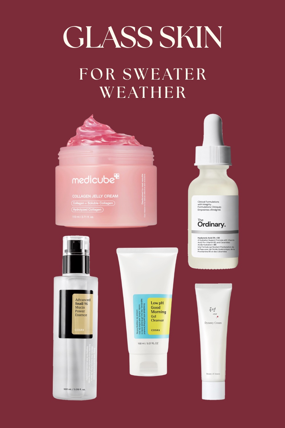 Glass skin for sweater weather collage — Medicube collagen jelly cream, The Ordinary hyaluronic acid serum, COSRX snail mucin essence and low pH cleanser, Beauty of Joseon Dynasty Cream