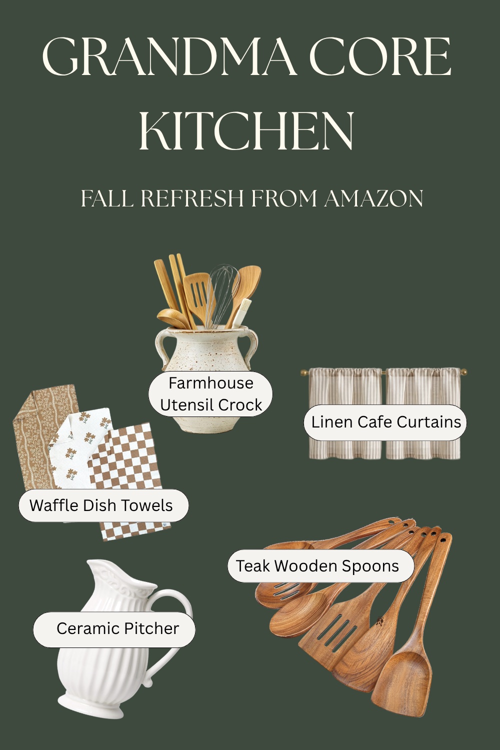 Grandmacore kitchen collage — farmhouse utensil crock, linen cafe curtains, waffle dish towels, ceramic pitcher, and teak wooden spoons