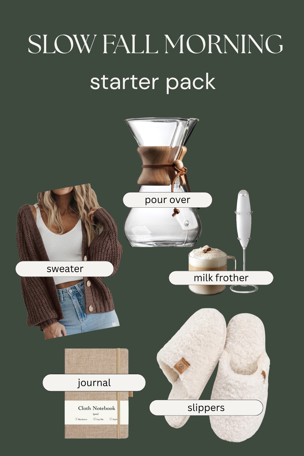 Slow fall morning starter pack collage — Chemex pour-over coffee maker, chunky knit cardigan, milk frother, linen journal, and fuzzy slippers